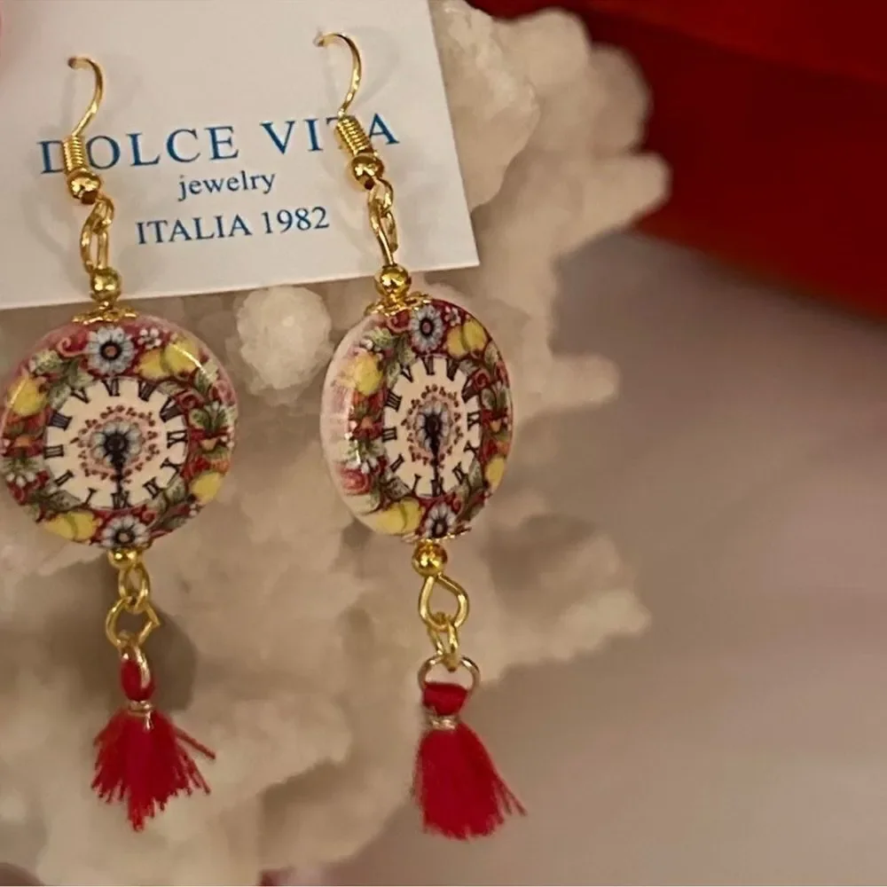 Dolce Vita x Anthro Rounded Roman Numeral Coral Clock Art Tassel Earrings